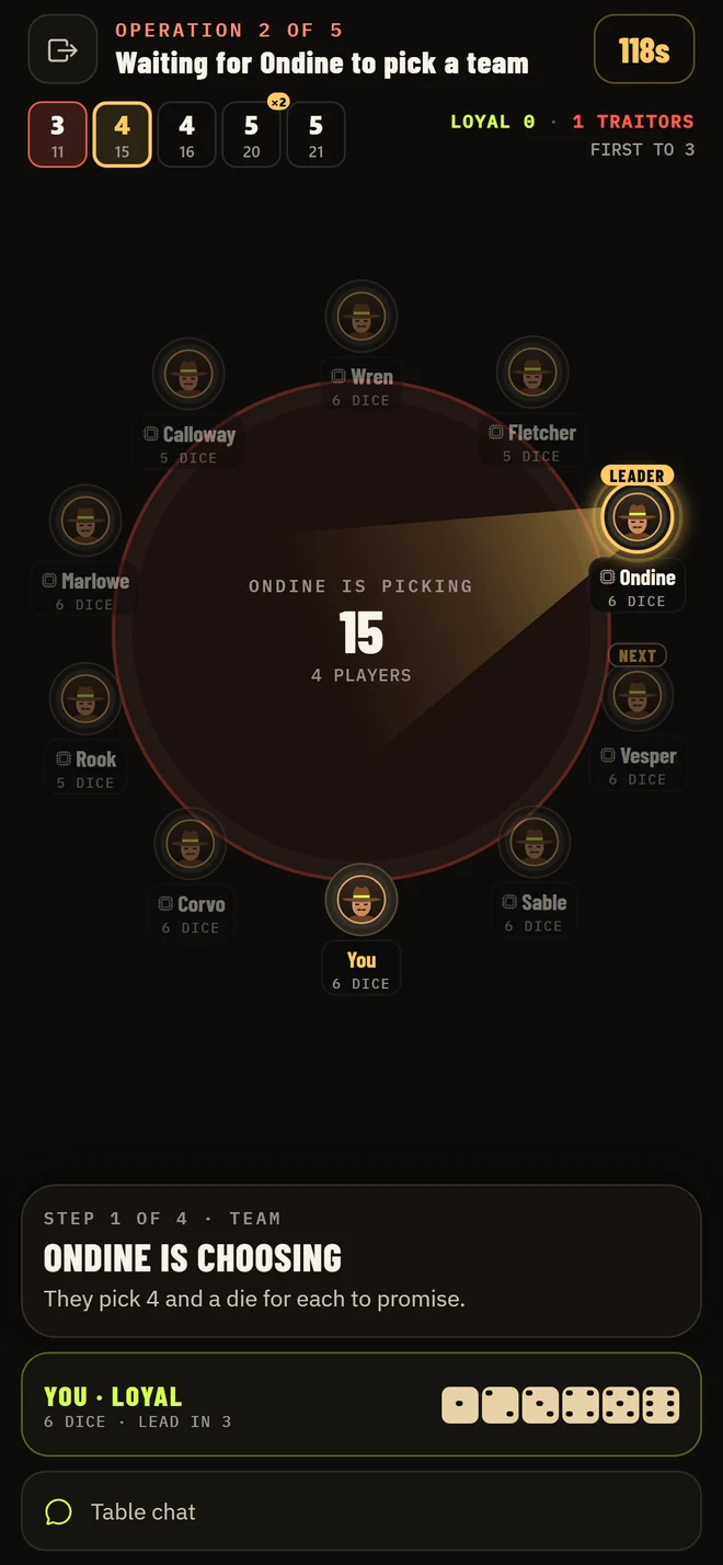 The Pips & Treason table in the app